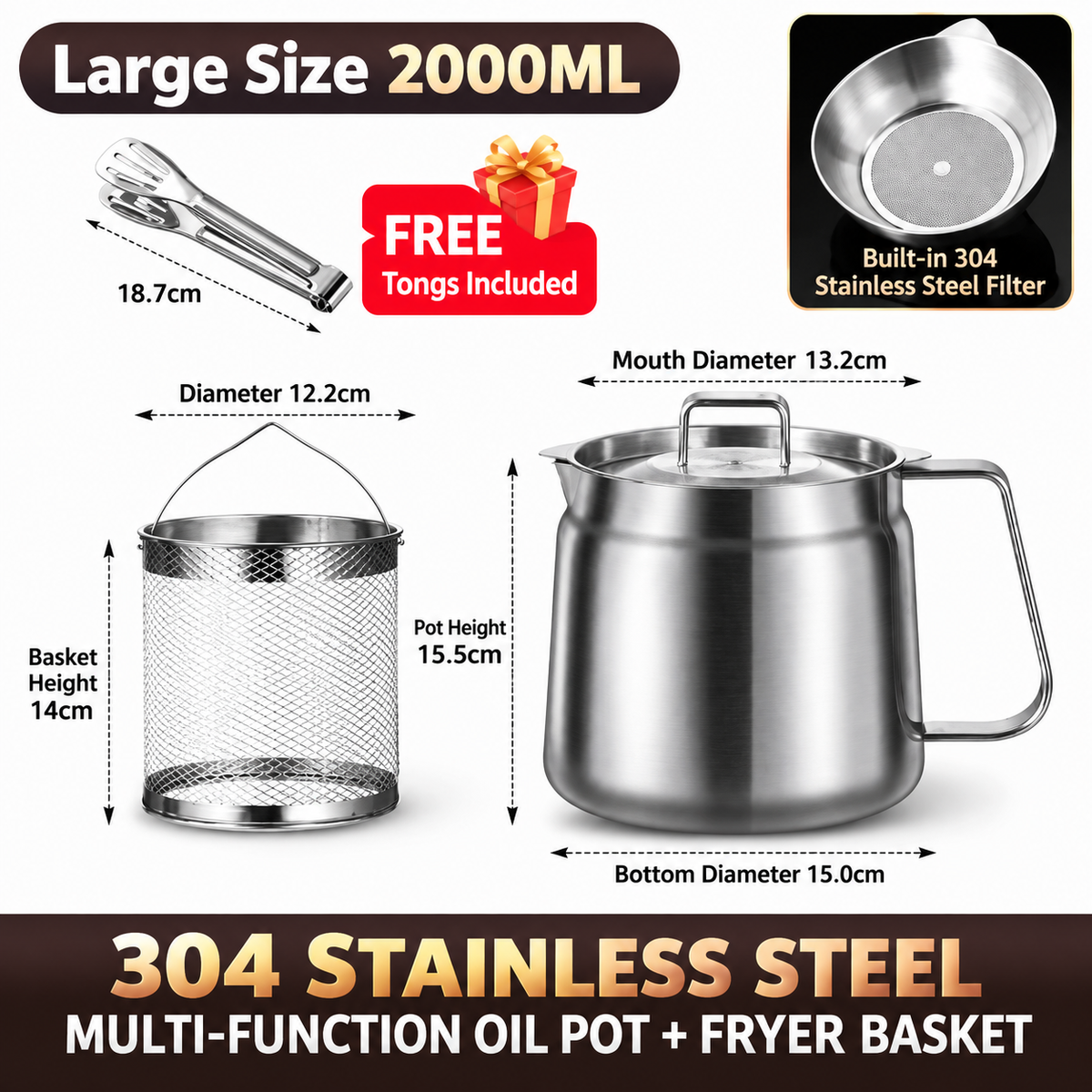 304 Stainless Steel Oil Pot with Frying Basket & Strainer