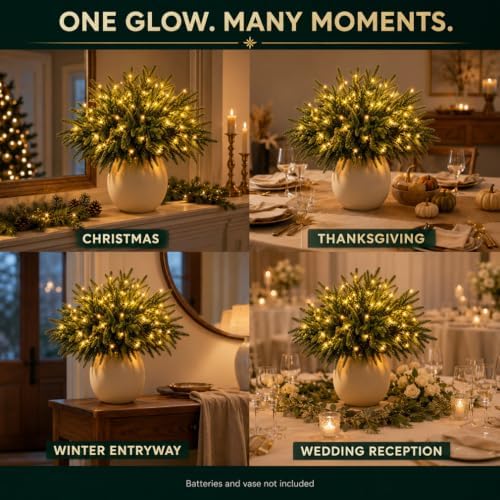 Twinkling Enchanted Evergreen Pine Tree with Lights, 5/10 Pack Lighted Artificial Pine Branches, Enchanted Evergreen Pine Decor for Christmas, Winter, Tabletop, Mantel and Vase,Pine*5