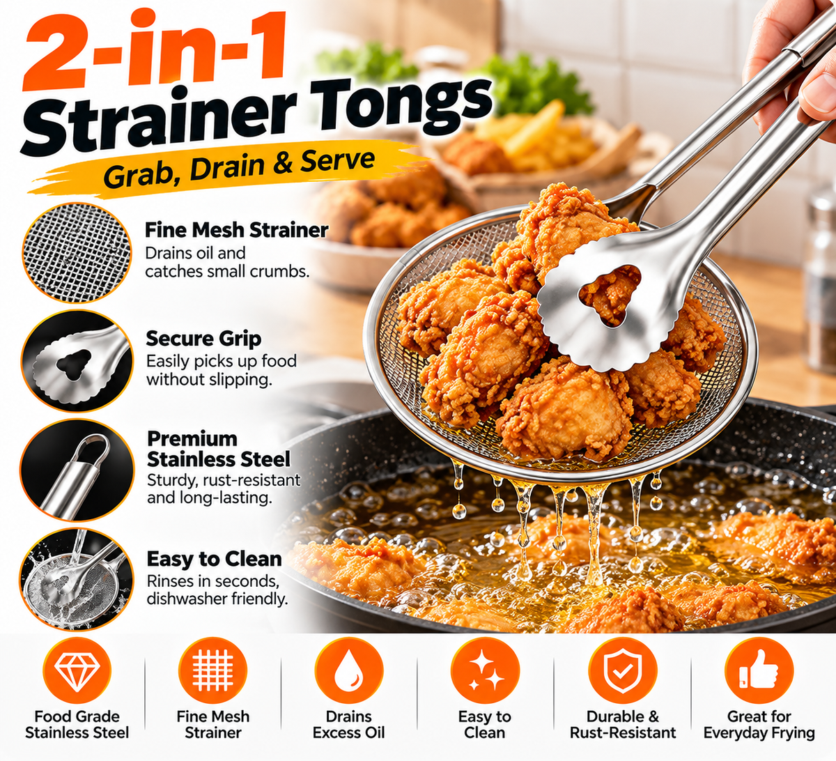 π 2-in-1 Stainless Steel Strainer Tongs β Grip, Drain & Serve