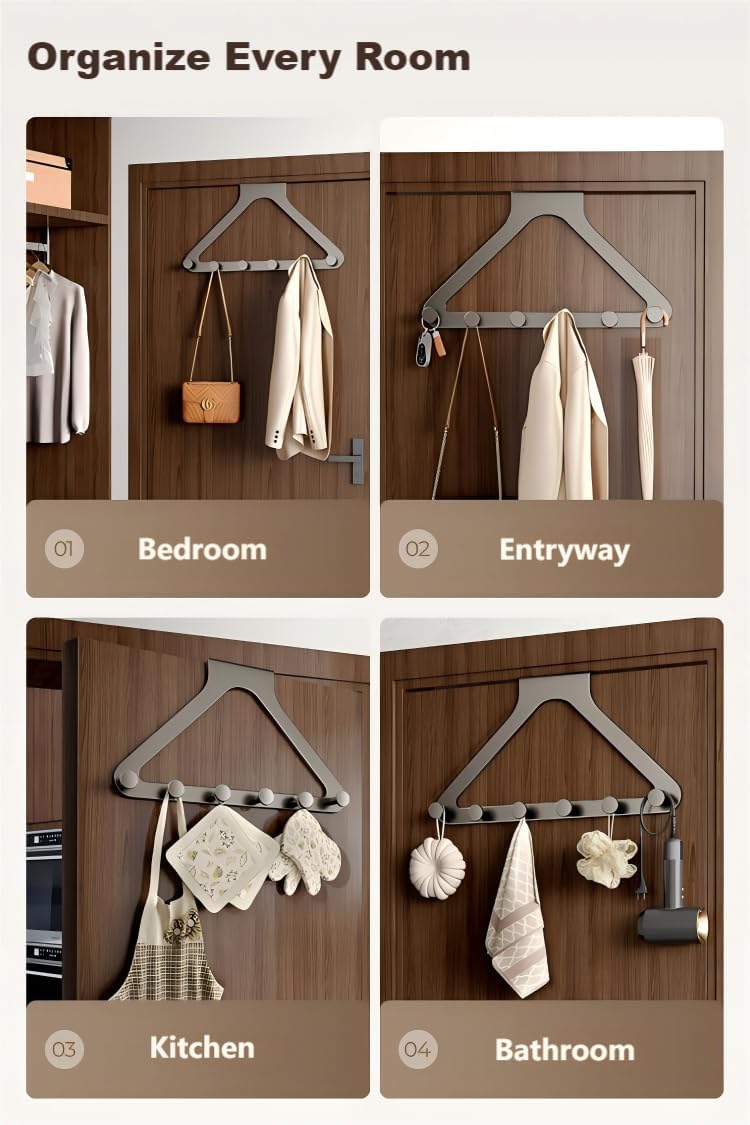 Over Door Hooks, No Drill Silent Use 6 Hooks for Towels & Clothes, Modern Matte Metal 10.6 inch (Gunmetal Gray, Extended)