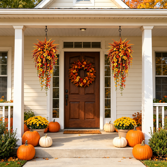 🍂 Artificial Fall Harvest Hanging Basket – Autumn Porch & Door Decor