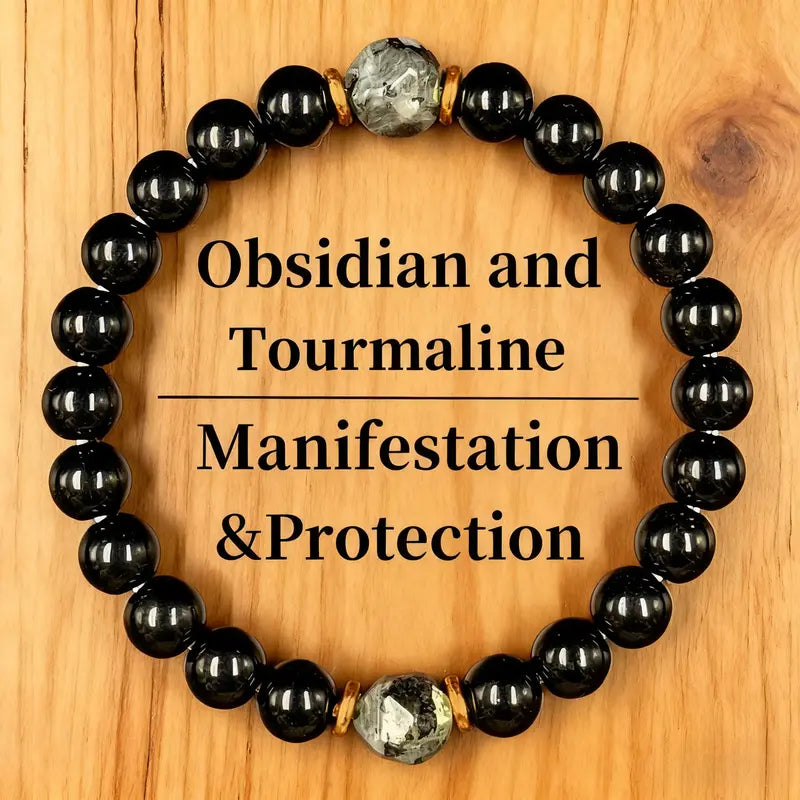 🎁8mm Obsidian (Self-awareness, absorbing negative energy) and Black Tourmaline (Blocking external negative energy, stabilizing the inner self) Bracelet — Natural Crystal Beads.💎