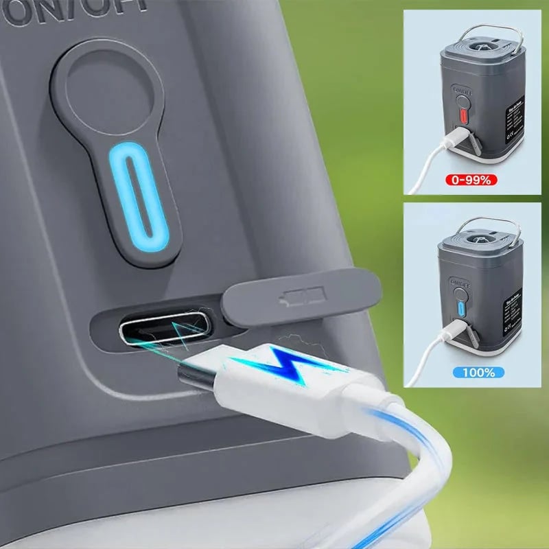🏕️ Rechargeable Camping Air Pump – LED Light, Fast Inflation, Compact 🔋