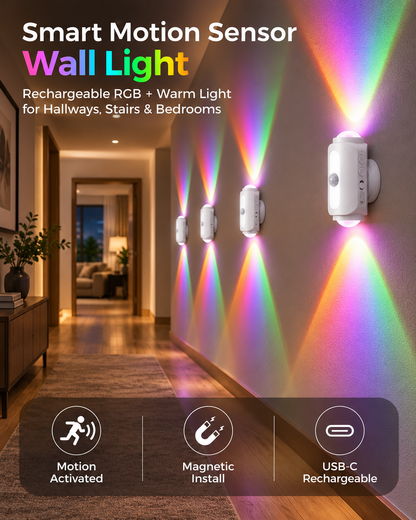 🎁Smart Motion Sensor Wall Light – Rechargeable RGB & Warm Light💎