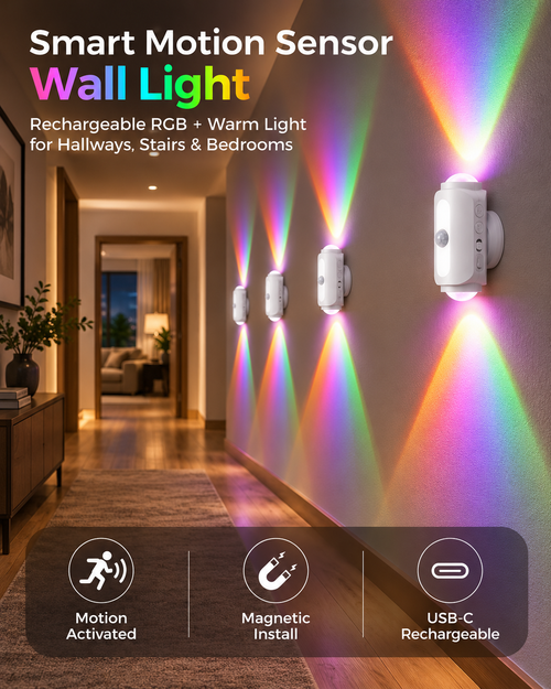 🎁Smart Motion Sensor Wall Light – Rechargeable RGB & Warm Light💎