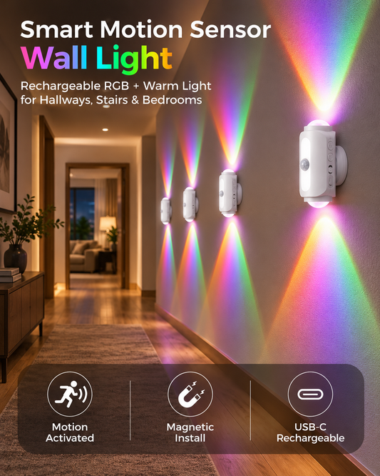 🎁Smart Motion Sensor Wall Light – Rechargeable RGB & Warm Light💎
