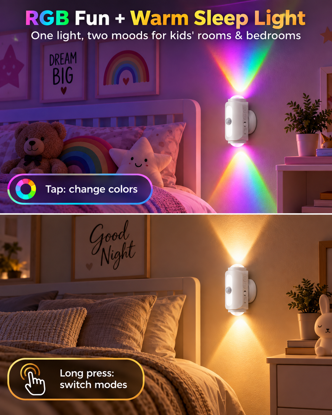 🎁Smart Motion Sensor Wall Light – Rechargeable RGB & Warm Light💎
