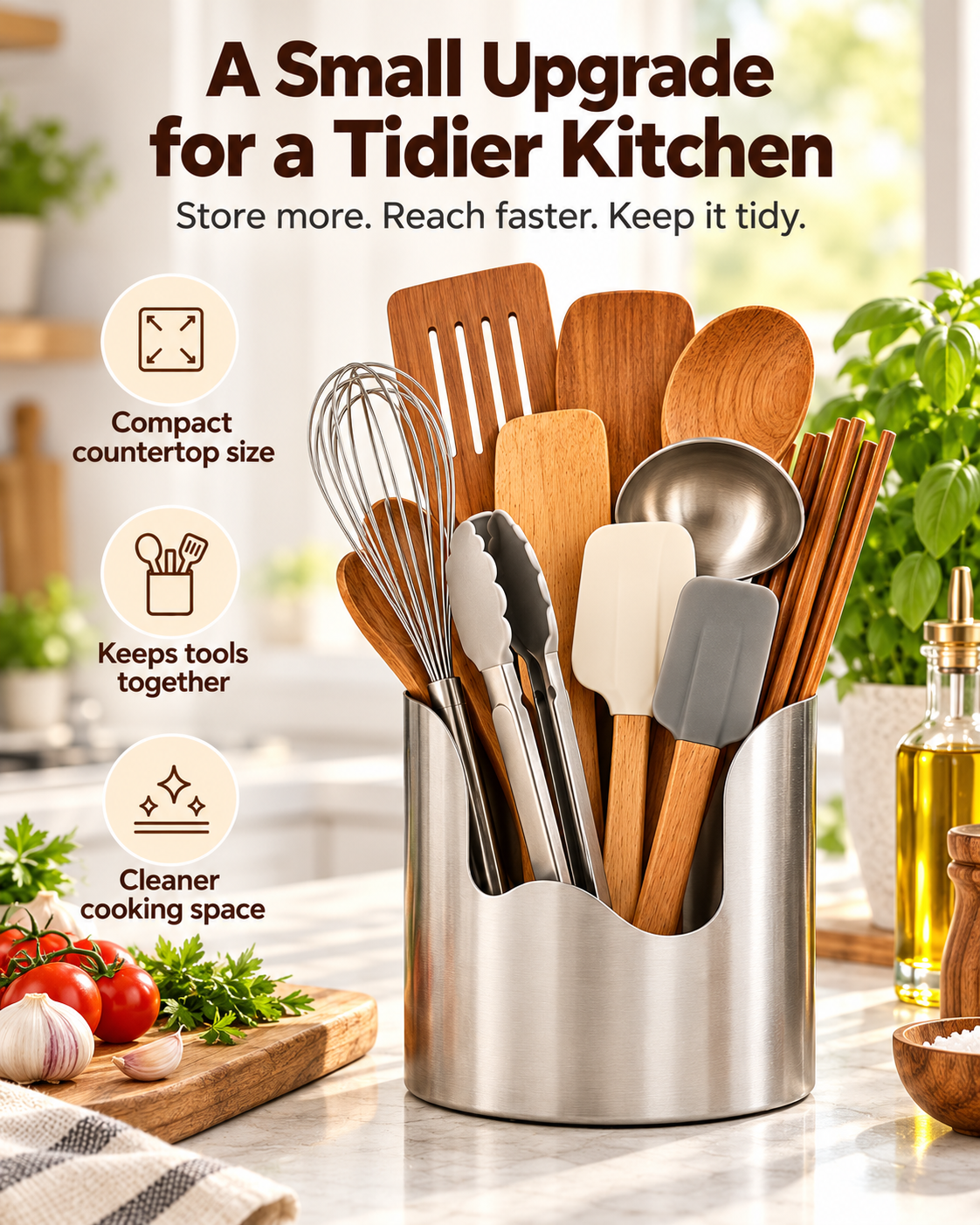 Thickened Stainless Steel Utensil Organizer – Rust-Resistant Countertop Storage Holder