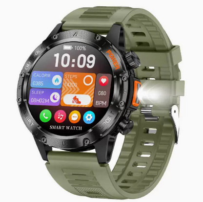 😩 WHY CARRY EXTRA GEAR WHEN YOUR WATCH CAN DO MORE? 🏔️ 🔦 BUILT-IN FLASHLIGHT + BLUETOOTH CALLING + RUGGED DESIGN. ALL ON YOUR WRIST! ⌚️🔥