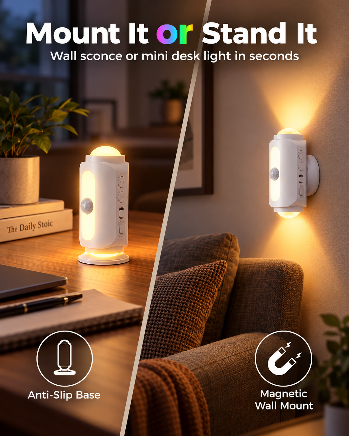 🎁Smart Motion Sensor Wall Light – Rechargeable RGB & Warm Light💎