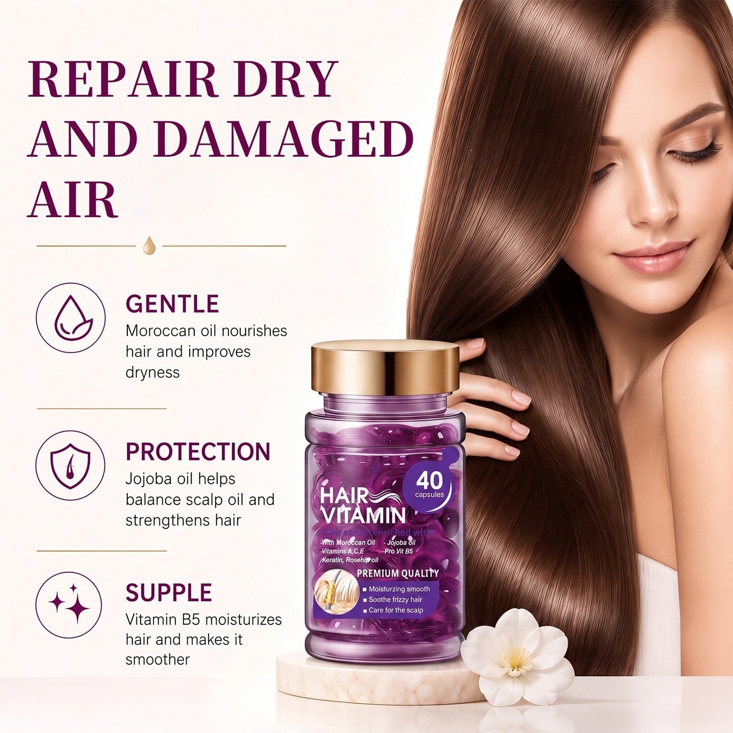 🔥50% OFF🔥Hair Vitamin Capsules Infused with Violet Vitamins & Argan Oil for Color-Treated & Permed Hair Smooths Frizz Restores Silkiness & Shine 40 Capsules.