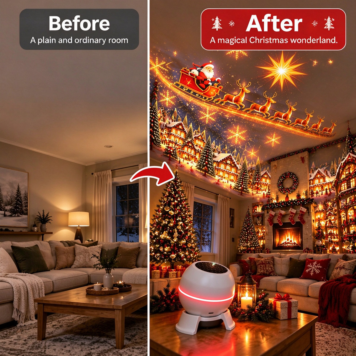 😩 TOO MUCH WORK TO DECORATE FOR CHRISTMAS? 🎄 ✨ NO HANGING. NO MESS. JUST TURN IT ON & TRANSFORM YOUR ROOM INTO A COZY HOLIDAY WONDERLAND! 🎅