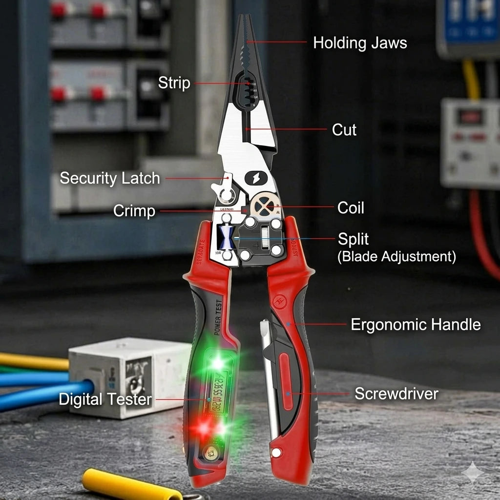 🔧 STOP CARRYING A TOOLBOX FULL OF DIFFERENT TOOLS! 😩 ⚡ 9q EqSSENTIAL FUNCTIONS IN ONE COMPACT PLIER — CUT, STRIP, CRIMP & TEST WIRES FASTER