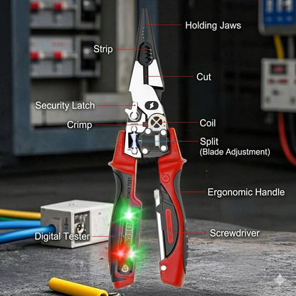 🔧 STOP CARRYING A TOOLBOX FULL OF DIFFERENT TOOLS! 😩 ⚡ 9q EqSSENTIAL FUNCTIONS IN ONE COMPACT PLIER — CUT, STRIP, CRIMP & TEST WIRES FASTER