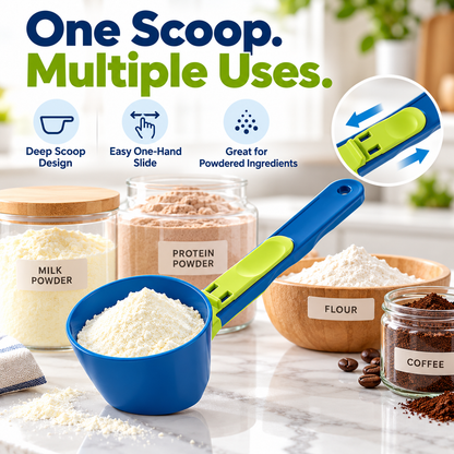 🥄 Adjustable Spill-Resistant Measuring Scoop – Pour Powder with Less Mess