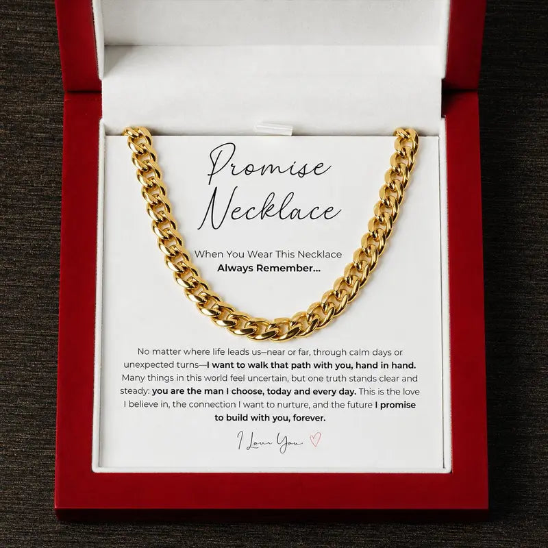 💖A "Promise Necklace" for your boyfriend or partner—featuring a waterproof, tarnish-resistant Cuban chain that symbolizes love, commitment, and companionship; comes with an LED-lit wooden gift box.💎