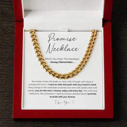 💖A "Promise Necklace" for your boyfriend or partner—featuring a waterproof, tarnish-resistant Cuban chain that symbolizes love, commitment, and companionship; comes with an LED-lit wooden gift box.💎