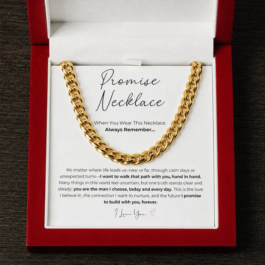 💖A "Promise Necklace" for your boyfriend or partner—featuring a waterproof, tarnish-resistant Cuban chain that symbolizes love, commitment, and companionship; comes with an LED-lit wooden gift box.💎