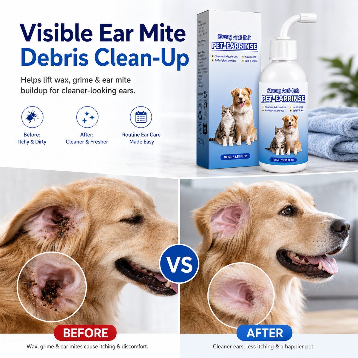 🐶🐱 Pet Ear Cleansing Solution – Clean Away Dirt, Wax & Buildup