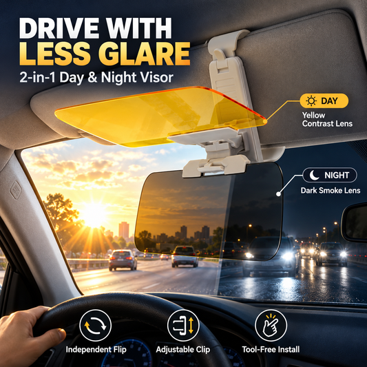 🚗😩 BLINDED BY SUN GLARE DURING THE DAY & HEADLIGHTS AT NIGHT? ☀️🌙 ✨ Upgrade Your Drive With a 2-in-1 Adjustable Visor Extender Designed to Help Reduce Glare Day & Night!