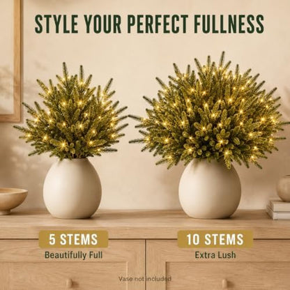 Twinkling Enchanted Evergreen Pine Tree with Lights, 5/10 Pack Lighted Artificial Pine Branches, Enchanted Evergreen Pine Decor for Christmas, Winter, Tabletop, Mantel and Vase，Pine*5