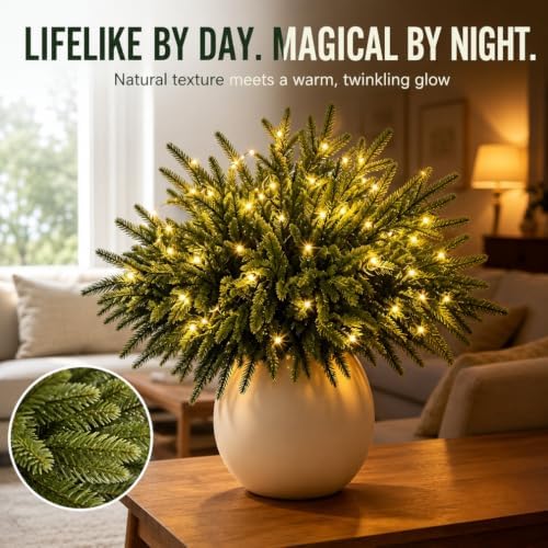 Twinkling Enchanted Evergreen Pine Tree with Lights, 5/10 Pack Lighted Artificial Pine Branches, Enchanted Evergreen Pine Decor for Christmas, Winter, Tabletop, Mantel and Vase，Pine*5