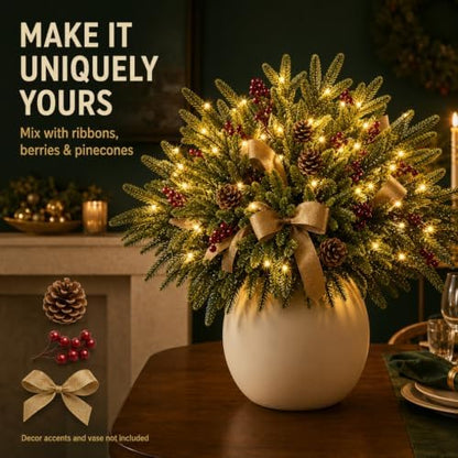 Twinkling Enchanted Evergreen Pine Tree with Lights, 5/10 Pack Lighted Artificial Pine Branches, Enchanted Evergreen Pine Decor for Christmas, Winter, Tabletop, Mantel and Vase，Pine*5