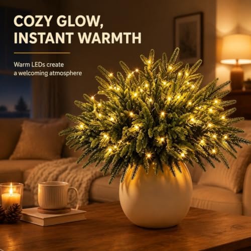 Twinkling Enchanted Evergreen Pine Tree with Lights, 5/10 Pack Lighted Artificial Pine Branches, Enchanted Evergreen Pine Decor for Christmas, Winter, Tabletop, Mantel and Vase，Pine*5