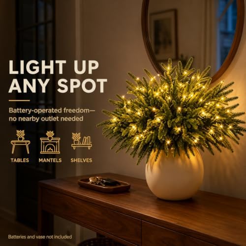 Twinkling Enchanted Evergreen Pine Tree with Lights, 5/10 Pack Lighted Artificial Pine Branches, Enchanted Evergreen Pine Decor for Christmas, Winter, Tabletop, Mantel and Vase，Pine*5