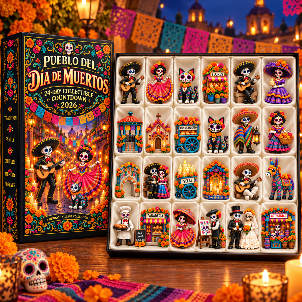 😩 TIRED OF BORING COUNTDOWN CALENDARS? 💀🖤 ✨ 24 DAYS. 24 UNIQUE MINIATURES. 🎁 Discover a New Day of the Dead Surprise Every Day!