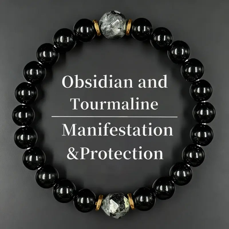 🎁8mm Obsidian (Self-awareness, absorbing negative energy) and Black Tourmaline (Blocking external negative energy, stabilizing the inner self) Bracelet — Natural Crystal Beads.💎