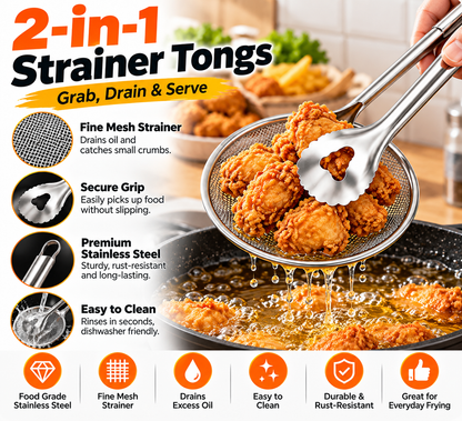 🍗 2-in-1 Stainless Steel Strainer Tongs – Grip, Drain & Serve