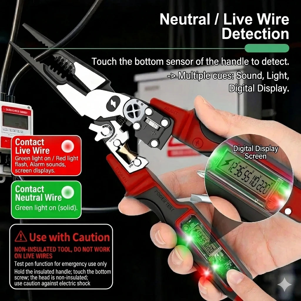 🔧 STOP CARRYING A TOOLBOX FULL OF DIFFERENT TOOLS! 😩 ⚡ 9q EqSSENTIAL FUNCTIONS IN ONE COMPACT PLIER — CUT, STRIP, CRIMP & TEST WIRES FASTER