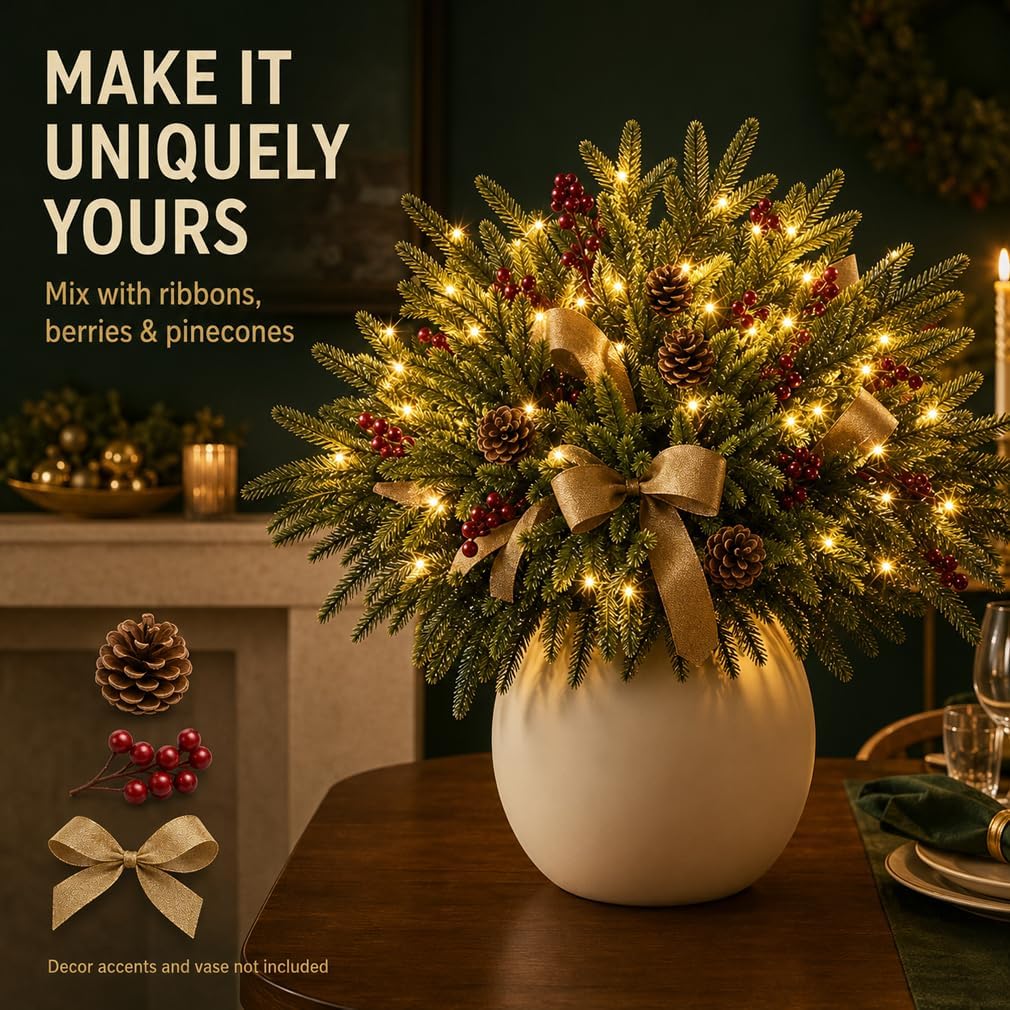 Twinkling Enchanted Evergreen Pine Tree with Lights, 5/10 Pack Lighted Artificial Pine Branches, Enchanted Evergreen Pine Decor for Christmas, Winter, Tabletop, Mantel and Vase，Pine*5