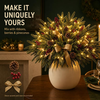 Twinkling Enchanted Evergreen Pine Tree with Lights, 5/10 Pack Lighted Artificial Pine Branches, Enchanted Evergreen Pine Decor for Christmas, Winter, Tabletop, Mantel and Vase，Pine*5