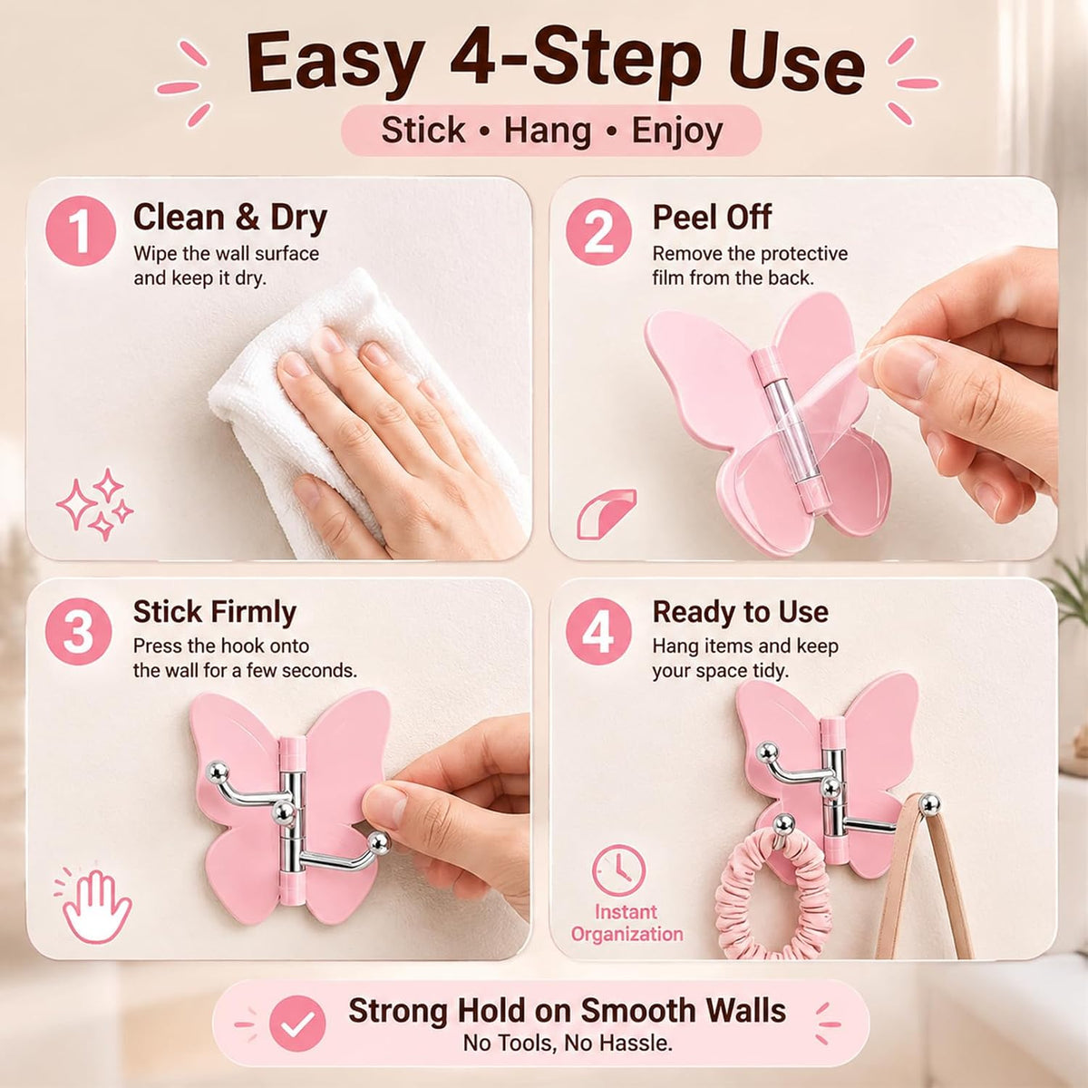 6-Pack Rotating Butterfly Adhesive Wall Hooks – No-Drill Towel & Key Organizer
