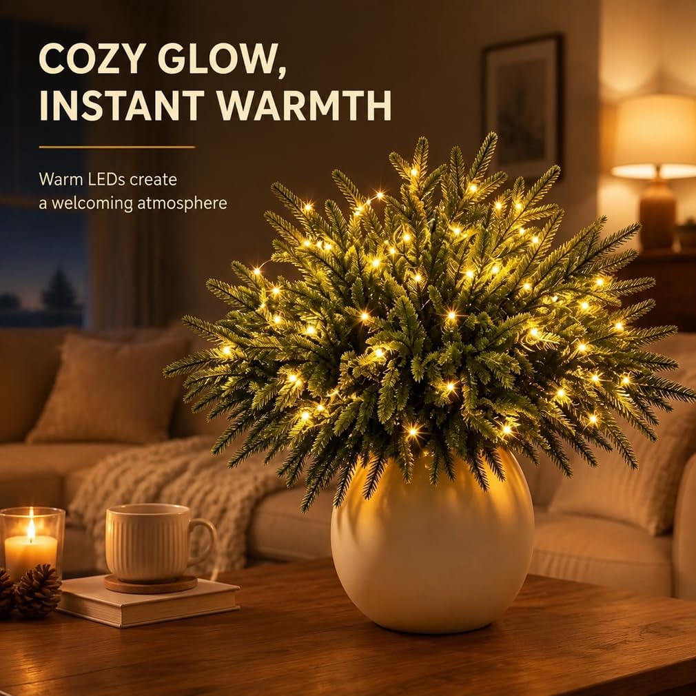 Twinkling Enchanted Evergreen Pine Tree with Lights, 5/10 Pack Lighted Artificial Pine Branches, Enchanted Evergreen Pine Decor for Christmas, Winter, Tabletop, Mantel and Vase，Pine*5