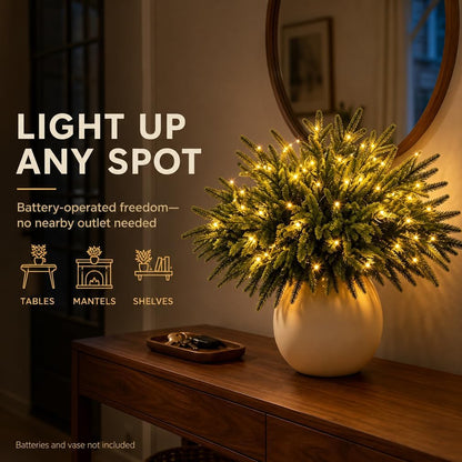 Twinkling Enchanted Evergreen Pine Tree with Lights, 5/10 Pack Lighted Artificial Pine Branches, Enchanted Evergreen Pine Decor for Christmas, Winter, Tabletop, Mantel and Vase，Pine*5