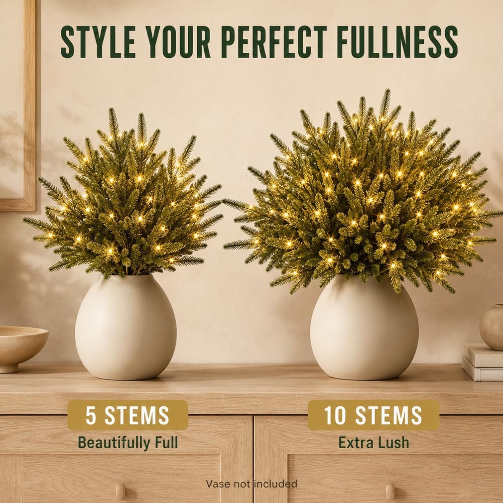Twinkling Enchanted Evergreen Pine Tree with Lights, 5/10 Pack Lighted Artificial Pine Branches, Enchanted Evergreen Pine Decor for Christmas, Winter, Tabletop, Mantel and Vase，Pine*5