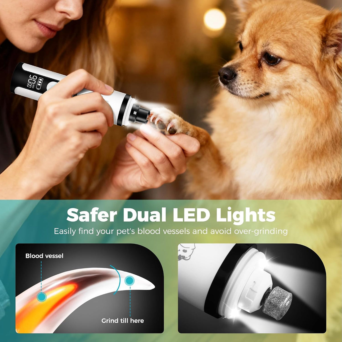 Upgraded Silent Dog Nail Grinder, Cordless Grooming Pro Nail Grinder with 3 Adjustable Speeds & Led Light, Painless Paws Grooming for Small Medium Large Dogs & Cats (2 Replacement Heads)