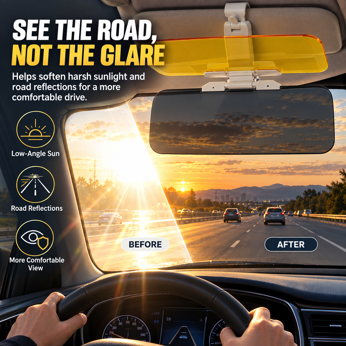 🚗😩 BLINDED BY SUN GLARE DURING THE DAY & HEADLIGHTS AT NIGHT? ☀️🌙 ✨ Upgrade Your Drive With a 2-in-1 Adjustable Visor Extender Designed to Help Reduce Glare Day & Night!