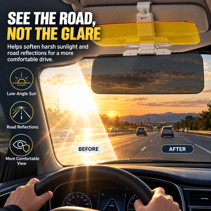🚗😩 BLINDED BY SUN GLARE DURING THE DAY & HEADLIGHTS AT NIGHT? ☀️🌙 ✨ Upgrade Your Drive With a 2-in-1 Adjustable Visor Extender Designed to Help Reduce Glare Day & Night!