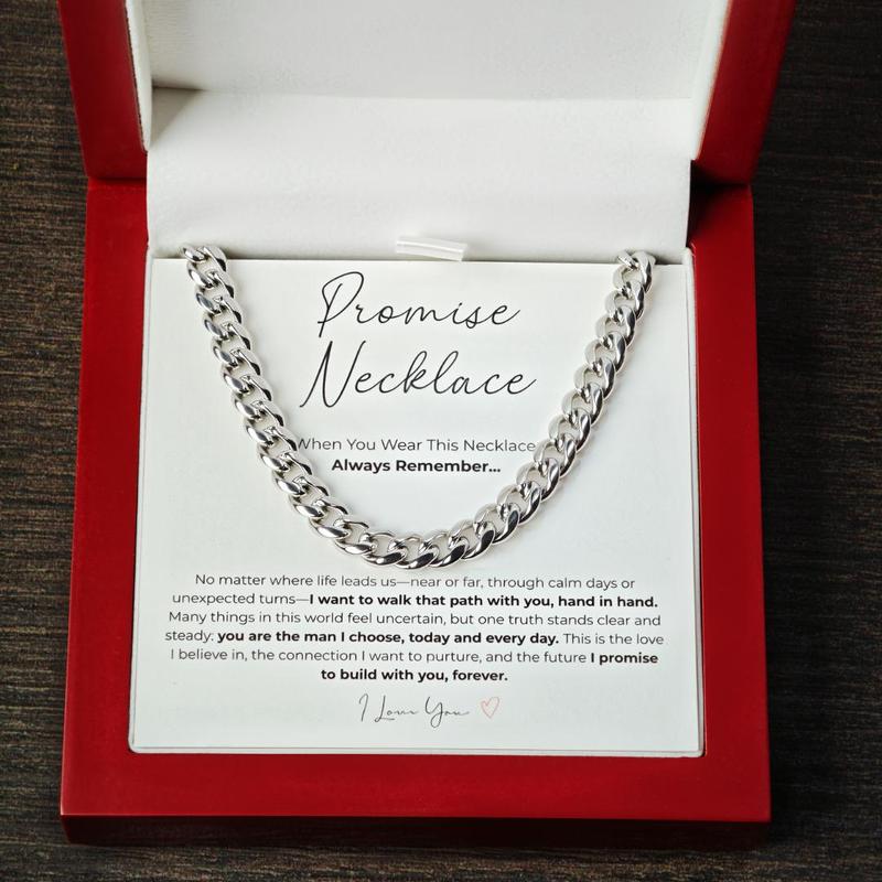 💖A "Promise Necklace" for your boyfriend or partner—featuring a waterproof, tarnish-resistant Cuban chain that symbolizes love, commitment, and companionship; comes with an LED-lit wooden gift box.💎