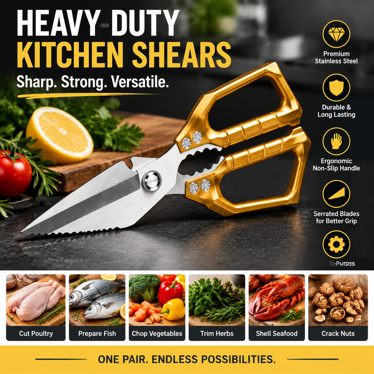 7-in-1 Heavy-Duty Kitchen Shears | Detachable Stainless Steel Food Scissors