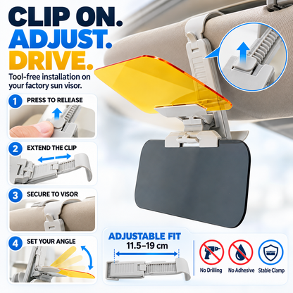 🚗😩 BLINDED BY SUN GLARE DURING THE DAY & HEADLIGHTS AT NIGHT? ☀️🌙 ✨ Upgrade Your Drive With a 2-in-1 Adjustable Visor Extender Designed to Help Reduce Glare Day & Night!