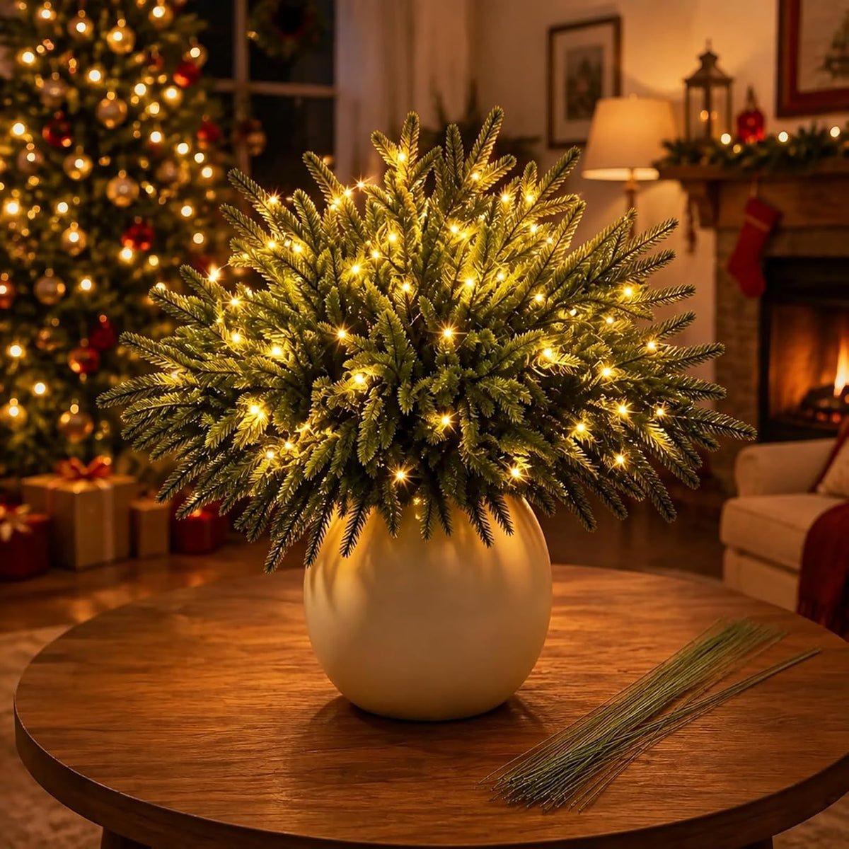 Twinkling Enchanted Evergreen Pine Tree with Lights, 5/10 Pack Lighted Artificial Pine Branches, Enchanted Evergreen Pine Decor for Christmas, Winter, Tabletop, Mantel and Vase，Pine*5