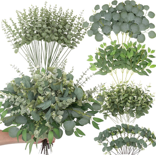 120 Pcs Artificial Mixed Eucalyptus Stems Bulk, Green