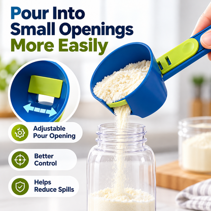 🥄 Adjustable Spill-Resistant Measuring Scoop – Pour Powder with Less Mess
