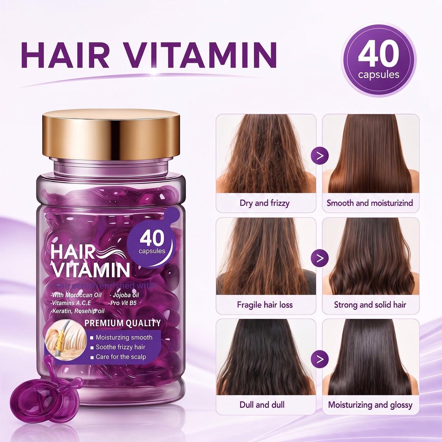 🔥50% OFF🔥Hair Vitamin Capsules Infused with Violet Vitamins & Argan Oil for Color-Treated & Permed Hair Smooths Frizz Restores Silkiness & Shine 40 Capsules.