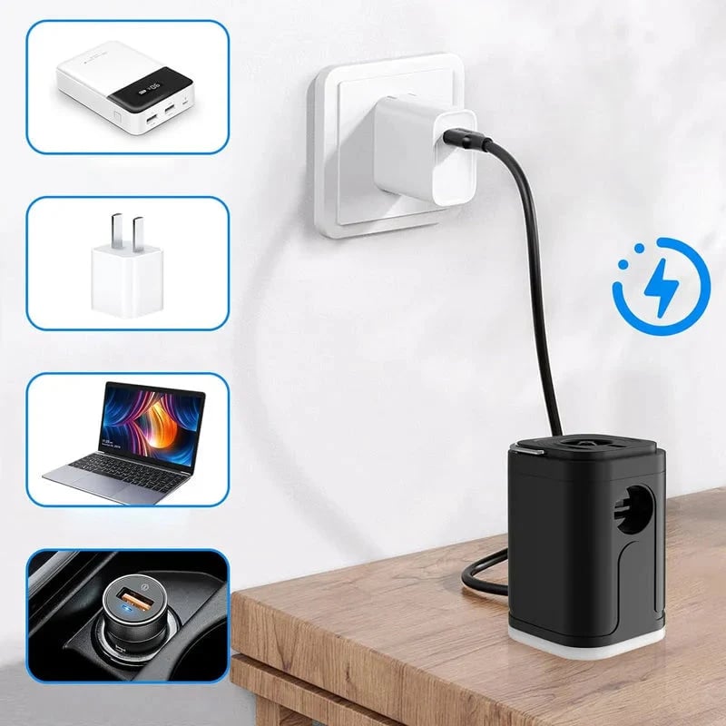 🏕️ Rechargeable Camping Air Pump – LED Light, Fast Inflation, Compact 🔋